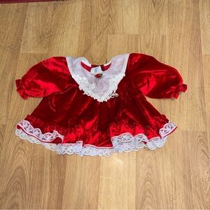 Vintage Jo Lene Red Velvet Kids Dress with White Lace Size 12 Months EUC